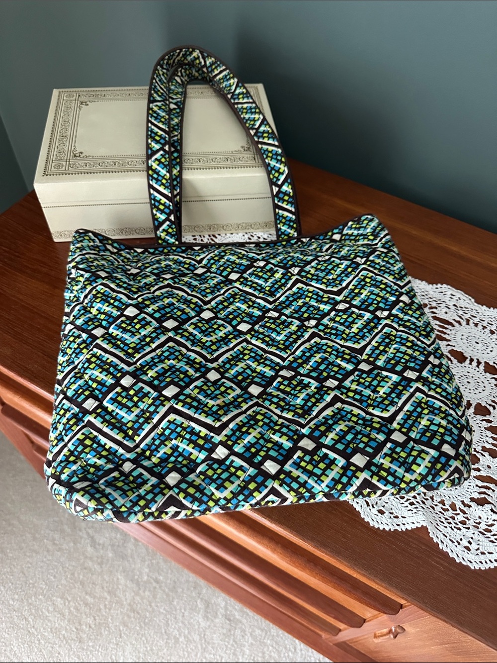 Vera Bradley Quilted Geo Tote in Blue, Green & Black